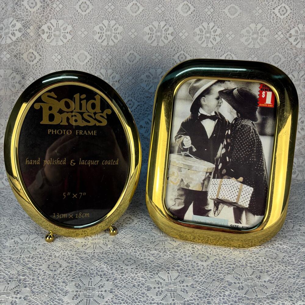 Vintage Solid Brass 5x7 Picture Frames Oval & Rounded Rectangle Set of 2